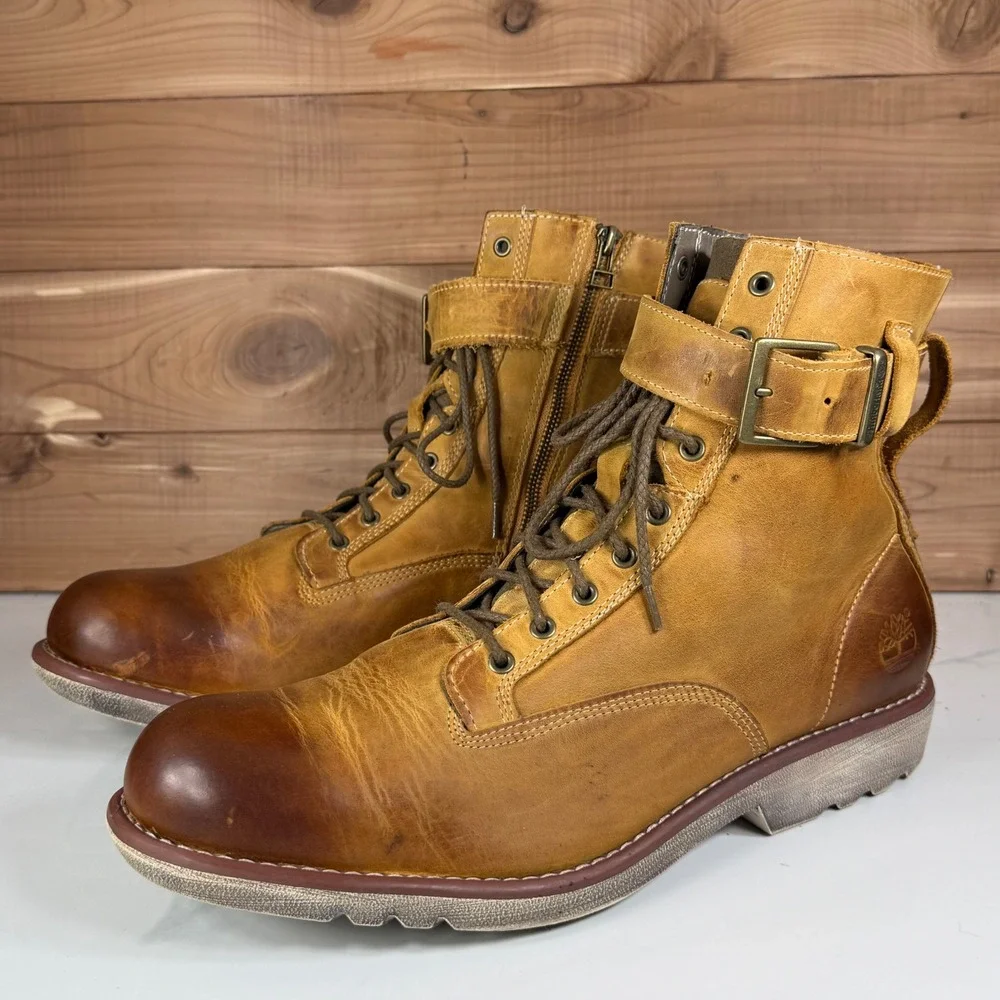 Timberland Earthkeepers Side Zip Buckle Boots Tan Leather‎ 5358R Mens 13